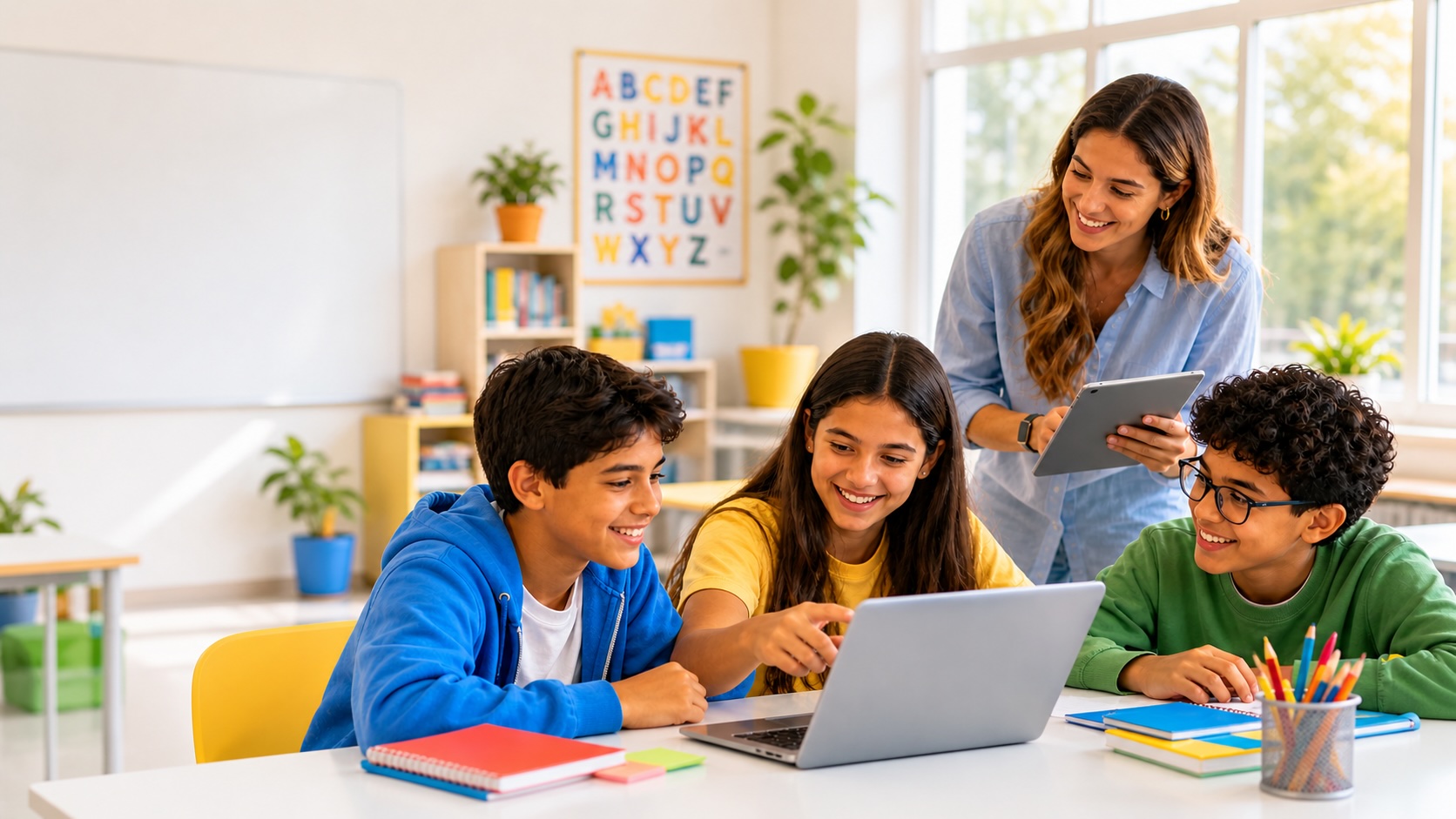 Estudiantes y profesora aprendiendo juntos con un laptop en el aula